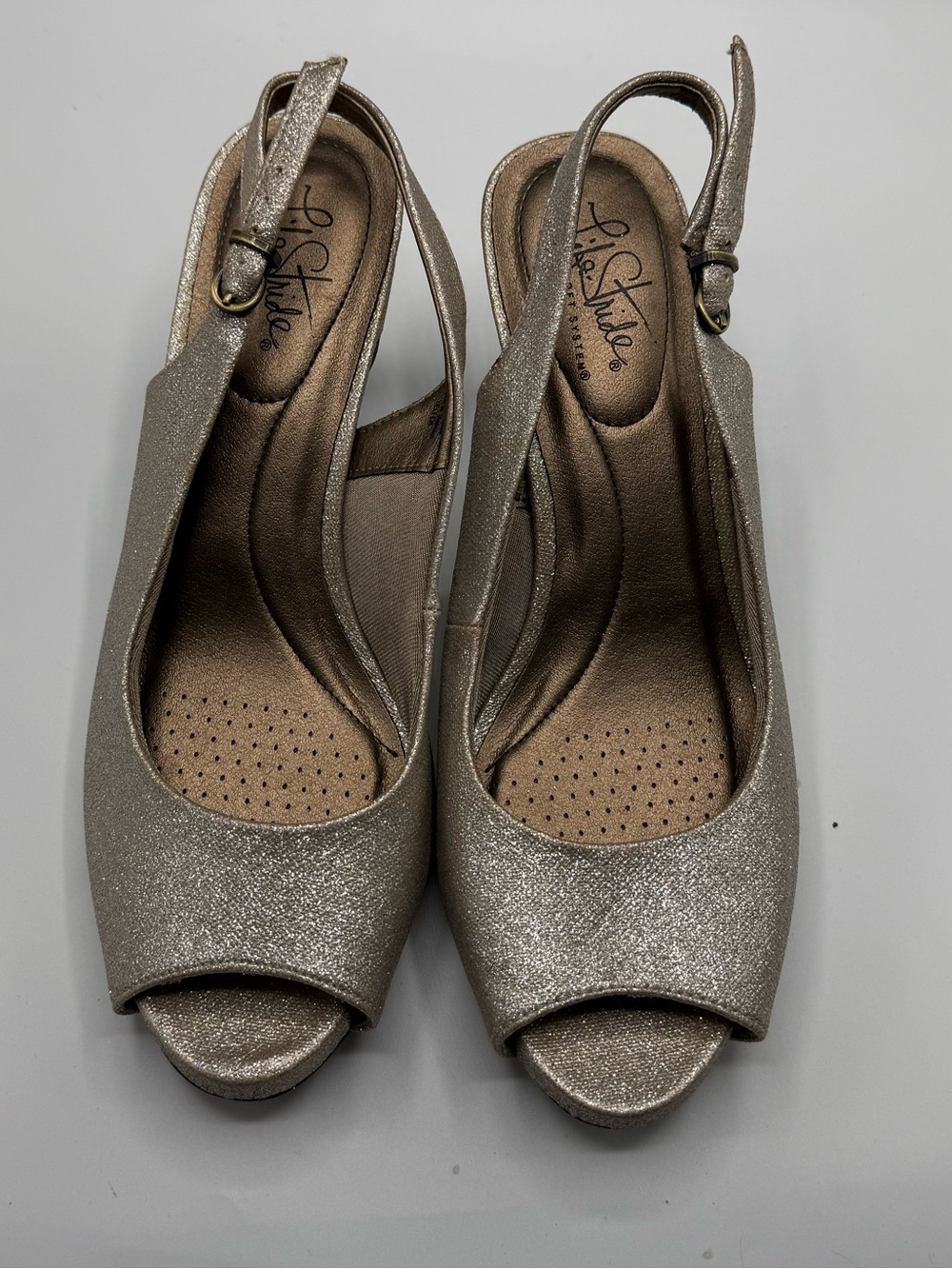 Life Stride Women's Shimmery Gold Peep-Toe Slingback Heels